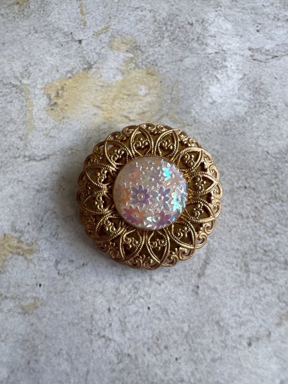 Antique Rainbow Iridescent Art Glass Filigree Western Germany Signed Scarf Clip